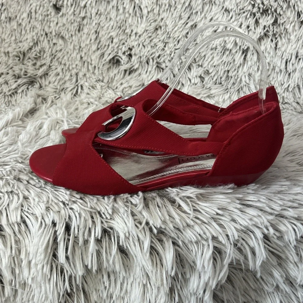 Laura Scott Red Open-Toe Wedge Sandals with Silver Accent